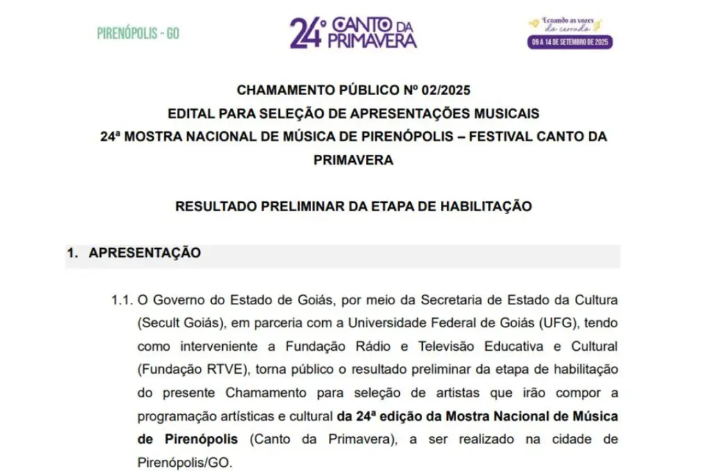 Canto da Primavera anuncia habilitados do Edital nº 2