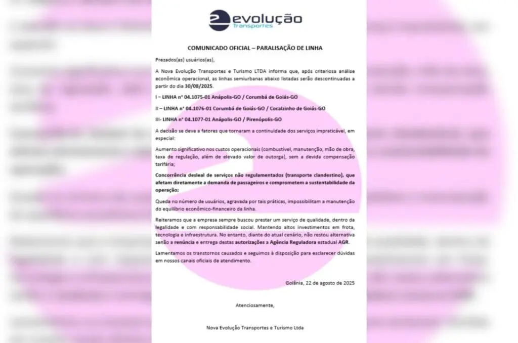 Nova Evolução paralisa linha Anápolis–Pirenópolis e mais duas