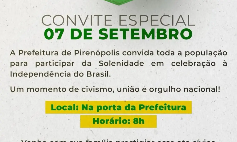Prefeitura de Pirenópolis convida comunidade para celebrar 7 de Setembro