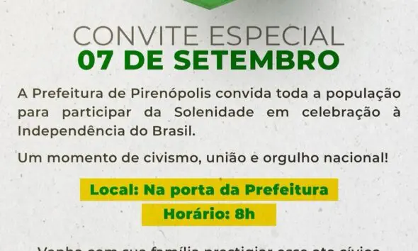 Prefeitura de Pirenópolis convida comunidade para celebrar 7 de Setembro