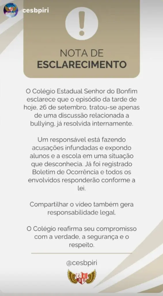 Colégio Estadual Senhor do Bonfim divulga nota de esclarecimento