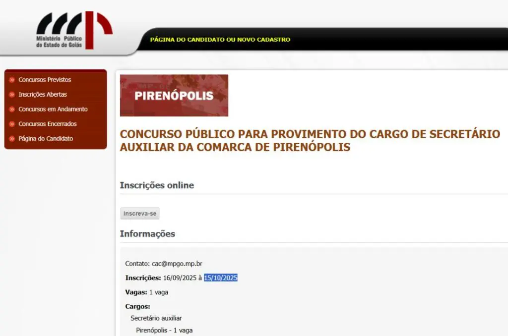 Concurso em Piri oferece vaga no MPGO com salário de R$ 4.542