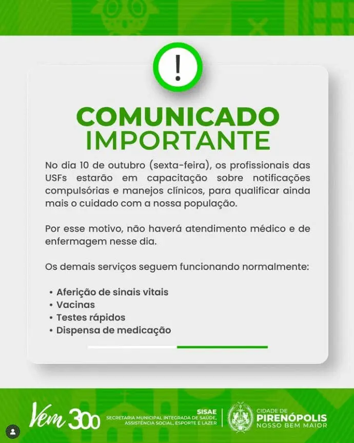 Capacitação suspende atendimentos médicos nas USFs de Pirenópolis