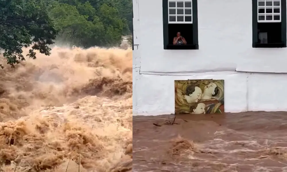Rio Vermelho transborda após forte chuva e vídeo mostra avanço da água na cidade de Goiás