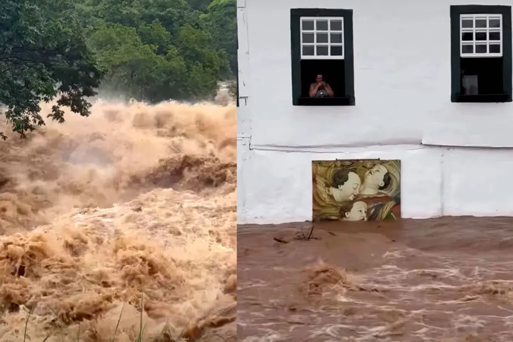 Rio Vermelho transborda após forte chuva e vídeo mostra avanço da água na cidade de Goiás
