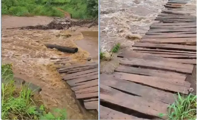 Chuva leva ponte na GO-479 e moradores improvisam tirolesa