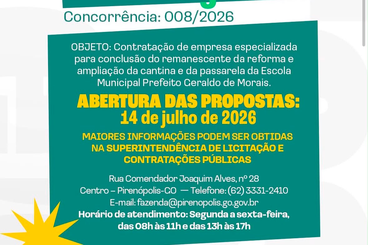 Prefeitura de Pirenópolis abre licitação 008/2026 para escola