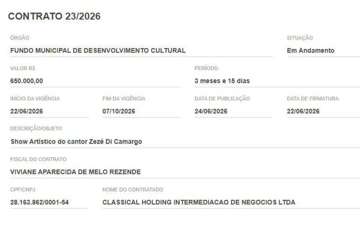 Prefeitura de Pirenópolis paga R$ 650 mil por show de Zezé Di Camargo