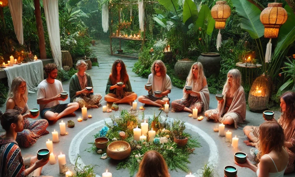 Cerimônia da Lua Cheia em Áries promove ritual de cacau e rosas em Piri - DALL·E 2024 11 24 16.21.27 A serene outdoor cacao ceremony with participants seated in a circle holding ceremonial cacao cups surrounded by lush greenery candles and natural