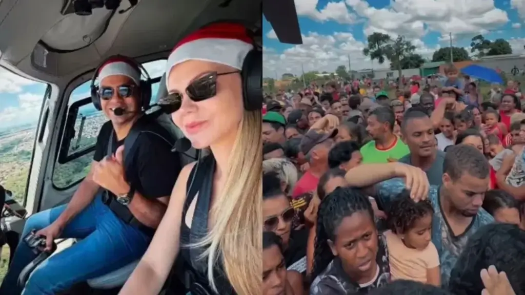Helicóptero distribui carne em ação natalina e provoca debate em Aparecida de Goiânia