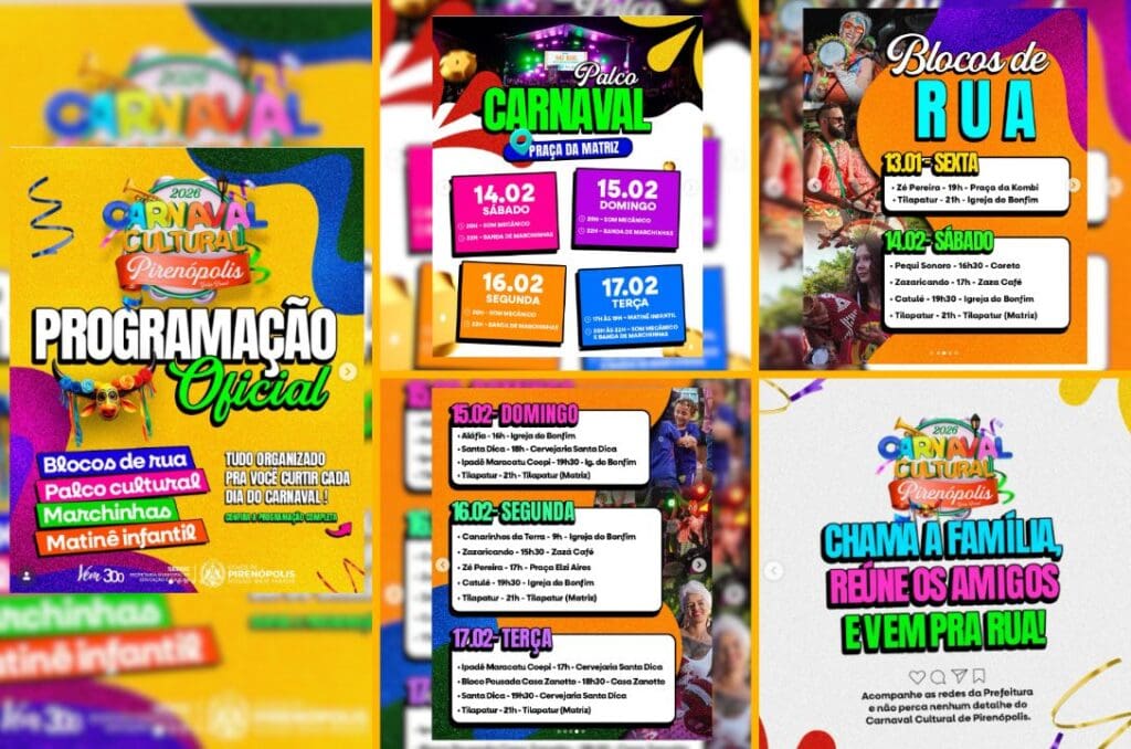 A Prefeitura divulgou a Programação Oficial do Carnaval Pirenópolis 2026, com datas, horários e trajetos dos blocos.