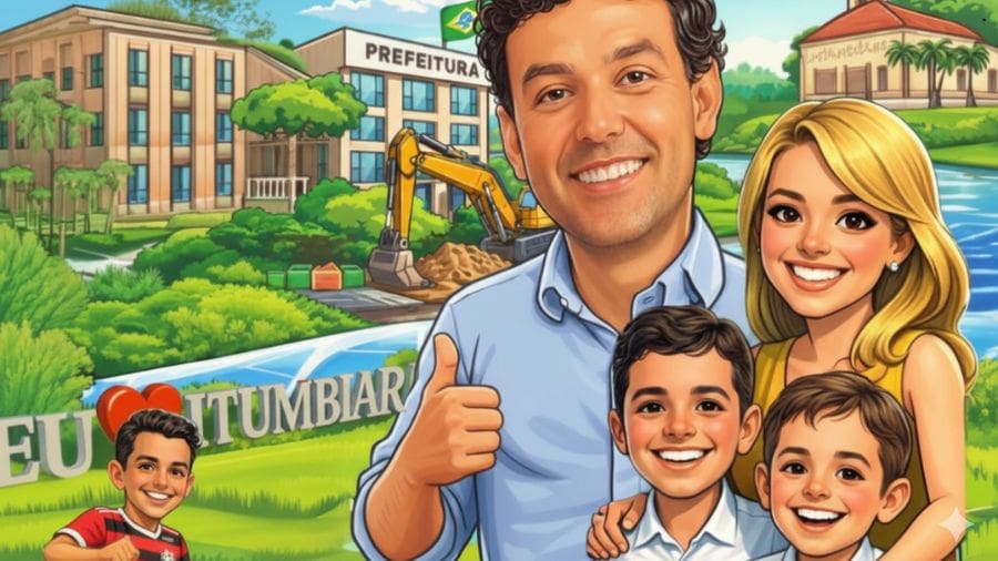 ele publicou uma caricatura da cidade Itumbiara ao fundo e ele com os filhos e a esposa