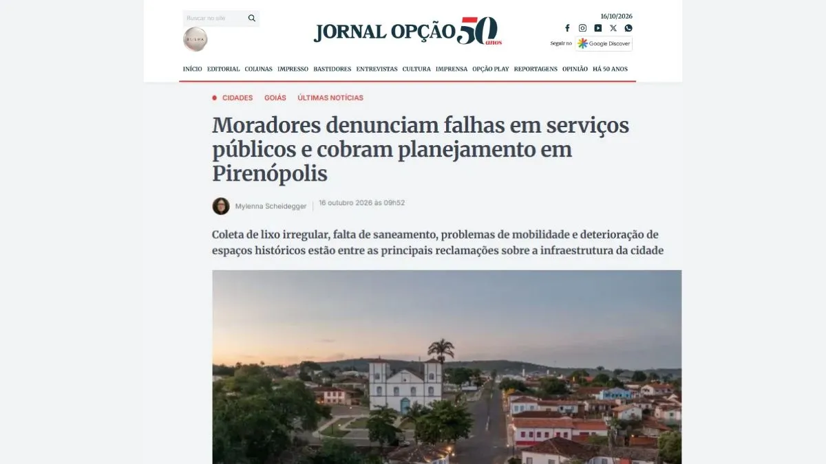Reportagem do Jornal Opção revela cobranças por serviços públicos e planejamento em Pirenópolis, com críticas à infraestrutura e à gestão municipal.