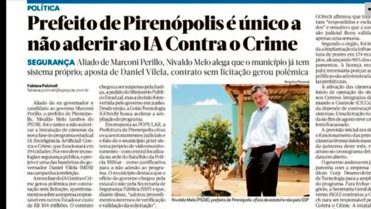 Pirenópolis dispensou o IA Contra o Crime. Foi uma boa decisão? Conforme noticiado pelo Portal Piri em 4 de setembro, o prefeito Nivaldo Melo justificou a não adesão afirmando que Pirenópolis já possui um sistema próprio de monitoramento.